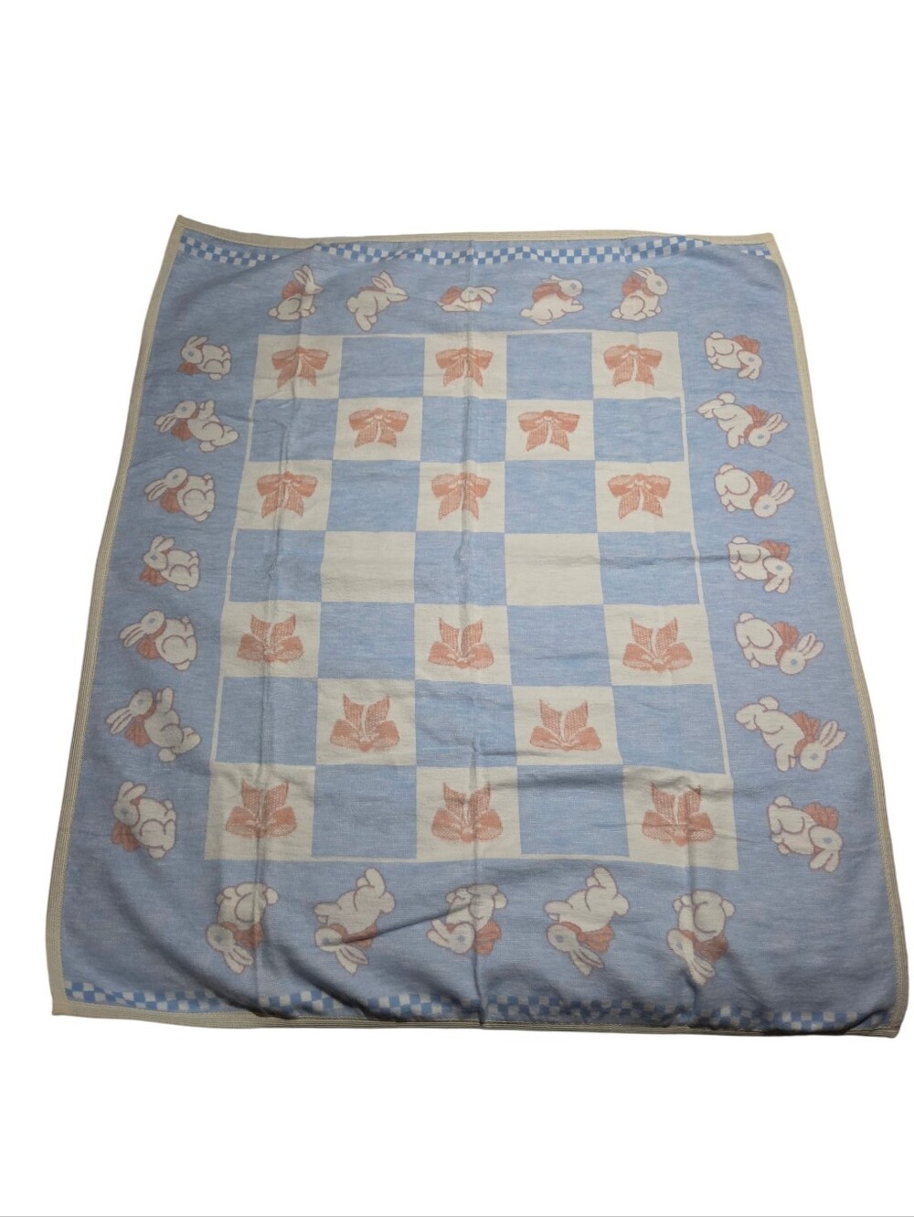 Vintage Faribo Cotton Tales Bunny Rabbit Bow Pink Blue Cotton Baby Kid Blanket